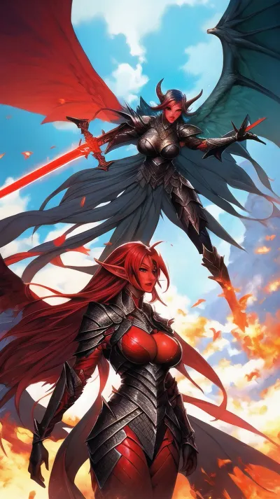 Em uma batalha de tirar o fôlego entre um anjo e um demônio, o anjo feminino limpa uma espada brilhante enquanto o demônio usa pele vermelha, revelando sua armadura ultra sexy