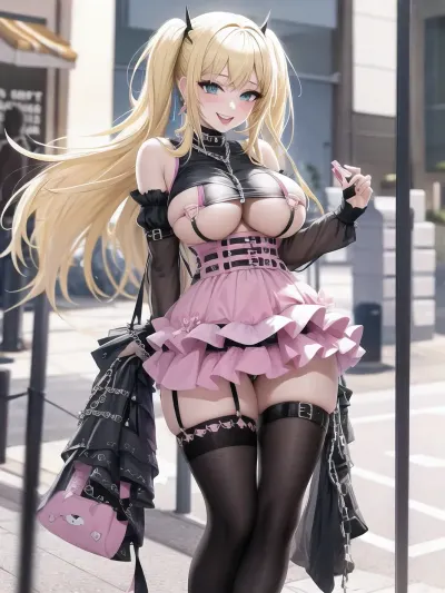 masterpiece, ((Masterpiece, masterpiece, edgQuality)), smiling, excited, (big boobs), edgPastelGoth, a blonde woman in a pink outfit and a chain skirt, wearing edgPastelGoth, <lora:edgPastelGothFashionv1:.8>, flaccid, Read, Description!, <lora:Flaccid  Horse Penis:.5>