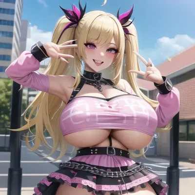 ((Masterpiece, best quality, edgQuality)), smiling, excited, (big boobs), edgPastelGoth, a blonde woman in a pink outfit and a chain skirt, wearing edgPastelGoth, <lora:edgPastelGothFashionv1:.8>