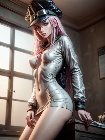 분홍색 머리와 simca 복장을 가진 여성은 거울에 있는 사진을 가지고 가고, 그녀는 그녀의 손으로 다른 것과 같이 움켜잡습니다. 그녀는 긴 머리, simca 복장 및 모자를 가지고