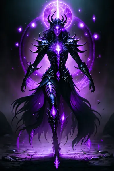 woman, (((8k quality, high definition, masterpiece, best quality))), fairy tale, body, (glowing eyes), half face on fire, slim body, muscular body, digitigrade, human hands with sharp fingernails, (mystical being:1.3), eldritch, dark magic, ritual, dark fantasy, arts, dancer, night, (bioluminescence), (Dark Souls theme:1.1), mythological creatures, shadow elemental, DRK_Glam, dark, armor, wearing, black and purple magic sphere between the hands, purple energy, purple glows, horns, Rune_Magic, Magic, Power, insanevoid, glowing, eyes, extra, horror, (theme\), <lora:Dark_Knight_MINI:.5>, <lora:Concept - Runemagic:.5>, <lora:insanevoid2:.5>