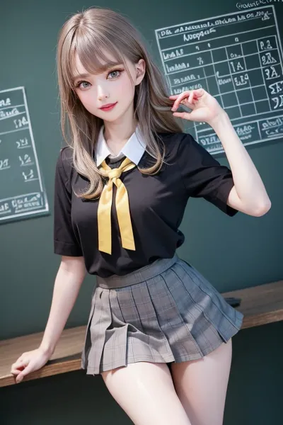 La ragazza nella foto ha un bellissimo corpo superiore e capelli lunghi marrone, rivelando la sua vagina esposta. Ha un taglio di capelli marrone platino e indossa un vestito corto che mostra le gambe e il nastro del collo. Il suo sorriso è dinamico, mostrandole