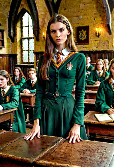 La jeune femme était une sorcière, et elle venait d'entrer dans la classe de Hogwarts pour sa première leçon. Elle était extrêmement maigre, sans seins, et tous ses camarades de classe la regardaient avec luxure. Soudain, une photo de la femme
