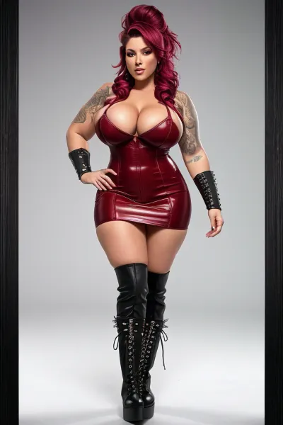 A woman with tattoos and textured skin posed seductively in front of the camera, showcasing her voluptuous figure and high quality photo-realistic features