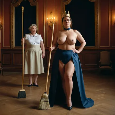 The queen, with her thin maid in uniform, stood in the coronation hall. The woman was spanked with a broom by the maid while wearing only a crown. She had no hair on her head and was completely naked except for her crown