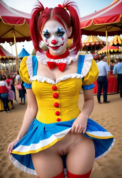 Una giovane, bella ragazza in una vernice di faccia bianca e costume da clown era in piedi davanti a una grande folla, contortando il suo volto in un'espressione di pura estasi quando ha raggiunto il piacere orgasmico. La fotocamera ha zoomato sul suo viso come