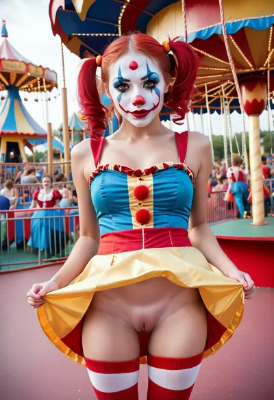 A young girl dressed in a white face paint, clown costume, and many people were taking pictures of her. She was standing in front of a big screen with text written on it that said "AI Generates Porn