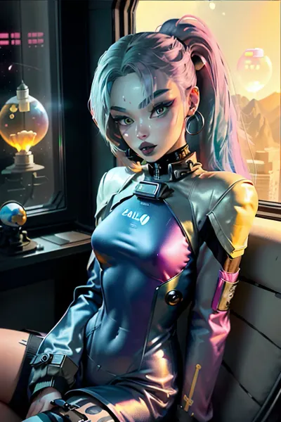 Une femme de 20 ans en uniforme Space avec un grand casque Space doré et rose sur la tête est photographiée se penchant en avant excitée alors qu'elle regarde la caméra d'en haut