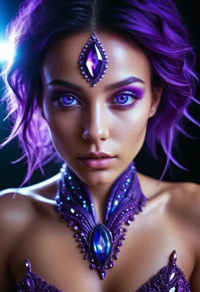 alien girl, purple skin, hypertrophied eyes, crystals growing from the skin