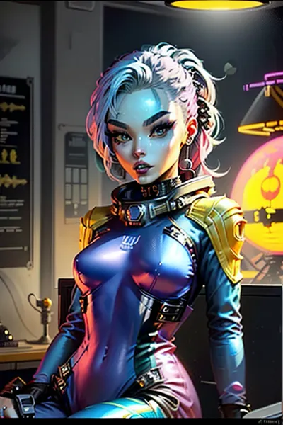 beautiful 20 year old woman, (wearing silk spacesuit:1.3), sitting on edge of rocket, cute tall face, ponytail, happy, in space, low angle, looking down, looking at camera, excited, lusty smile, long hair, perfect teeth, hair up, leaning forward, perfect fingers, eager, ginger hair, round earrings, hands in lap, view from down below, Girl wearing a space helmet on a 1970s book cover sitting on a rocket in space, bimbo, huge lips, bimbo body, caza, <lora:CazA-08:1>, 1970s scifi, (1950s science fiction:1.4), (perfect hands:.7), ((perfect face:.7)), sexy yellow látex spacesuit, (neon pink and gold spacesuit:1), glass helmet, ((round bubble glass helmet)), ((goth, emo, emo girl:1.4)), (pale white skin), (Goth Punk Hair), (Muscular body), Tattoos, (long colorful bright blue hair:1.5), distinctive angular hair cut with large colorful forelocks framing her face. large green eyes with thick black eyelashes, determined expression, (Gold and pink Space Uniform), big butt, wears a black choker, She has a slender and athletic build, Angular Facial Features, high cheekbones and a pointed chin. She wears pink lipstick, <lora:weight_slider-LECO-v1:-1>, <lora:age_slider_v20:-3>, <lora:breastsizeslideroffset:-0.2>, mgoth, <lora:ModernGoth_Beta3:.7>, <lora:SD15 - TangoOne-PinupStyle:.9>, atompunkstylesd15, <lora:punk_woman-dd-merge-lora-ns:.5>