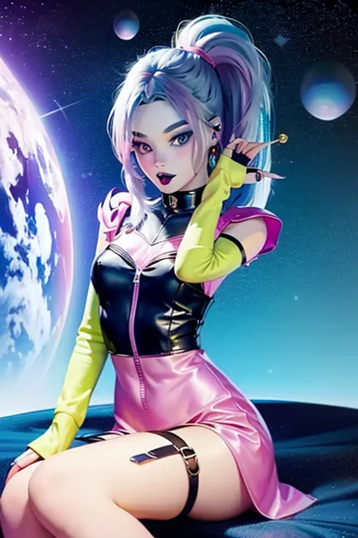 beautiful 30 year old woman, (wearing unbuttoned silk spacesuit:1), sitting on edge of rocket, cute tall face, ponytail, happy, in space, low angle, looking down, looking at camera, excited, lusty smile, long hair, perfect teeth, hair up, leaning forward, perfect fingers, eager, ginger hair, round earrings, hands in lap, view from down below, Girl wearing a space helmet on a 1970s book cover sitting on a rocket in space, bimbo, huge lips, bimbo body, caza, <lora:CazA-08:1>, 1970s scifi, (1950s science fiction:1.4), (perfect hands:.7), ((perfect face:.7)), sexy yellow látex spacesuit, (neon pink and gold spacesuit:1), glass helmet, ((round bubble glass helmet)), ((goth, emo, emo girl:1.4)), (pale white skin), (Goth Punk Hair), (Muscular body), Tattoos, (long colorful bright blue hair:1.5), distinctive angular hair cut with large colorful forelocks framing her face. large green eyes with thick black eyelashes, determined expression, (Gold and pink Space Uniform), big butt, wears a black choker, She has a slender and athletic build, Angular Facial Features, high cheekbones and a pointed chin. She wears pink lipstick, <lora:weight_slider-LECO-v1:-1>, <lora:age_slider_v20:-3>, <lora:breastsizeslideroffset:-0.5>, mgoth, <lora:ModernGoth_Beta3:.7>, retro-pinup, <lora:SD15 - TangoOne-PinupStyle:.9>, atompunkstylesd15