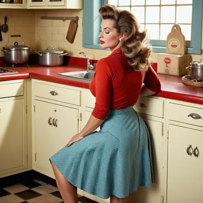 50s ev hanımı mutfağında bir karşıtlık yaşadı, bir vintage resimli reklam etek giyiyordu. Onun chubby vücudu mükemmel bir şekilde yuvarlak ve baştan çıkarıcıydı, onu antika güzelliklerini takdir eden herkes için dayanılmaz bir sanat parçası haline getirdi