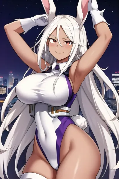 La IA escaneó una imagen de alta resistencia de una hembra con pechos grandes, cuello de piel y piel oscura. Tenía leotardos de alto nivel en sus piernas que eran de color rojo y su pelo era largo y blanco