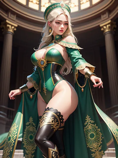 a hyper-realistic image of a breathtakingly beautiful woman, featuring perfect bodily proportions and a harmonious head-to-body ratio. Adorn her with a Russian Kokoshnik, a headpiece that embodies elegance and tradition. Her attire should seamlessly fuse the feminine allure of the traditional sarafan with a sleek, modern bodysuit crafted from emerald green leather. Accentuate her ensemble with rainbow-hued and luminescent scales, exuding a sense of grace, sensual, and might. Complete her look with knee-high heeled leather boots, adding a touch of refinement. Her styling should effortlessly blend classic sophistication with contemporary vogue, showcasing her unique personality and inherent strength, reminiscent of a rebellious Tsarist aristocracy aesthetic. Position her standing naturally and elegantly against a backdrop dominated by a mandala and a starlit sky, gracefully wielding a sword in her hand. Ensure the image boasts high-definition clarity, with soft, flattering lighting and exceptional recognizability. Avoid any distorted facial features, limbs, or fingers. There must be no extra limbs, fingers, or any anatomical abnormalities. Guarantee that all elements, including clothing details, and limbs, are rendered with crisp precision, adhering strictly to anatomical accuracy. 3d game art, clamp, porcelain, high-contrast shading, (zentangle, mandala), (fractal art:1.1)