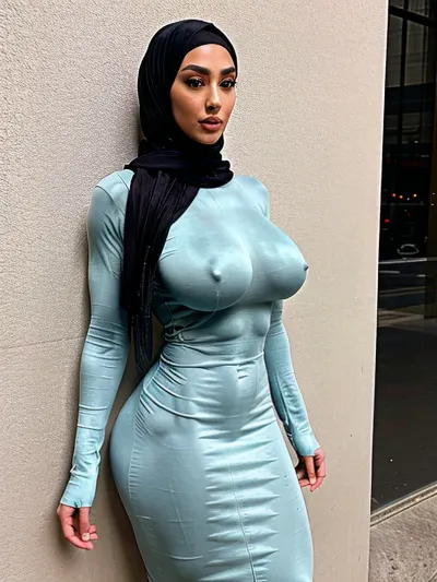 A young Moroccan girl in a tight velvet dress is seen posing for a picture with her legs spread wide open. She has perfect skin and large breasts that are visible through the thin fabric of her dress. Her nipples are erect and