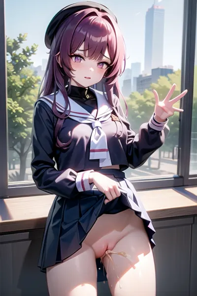 Потрясающая стеклянная скульптура девушки в школьной форме с гневным выражением, поднятой юбкой и зияющей киска. Освещение идеально, тени мягкие, и текстура ультра-оставлена