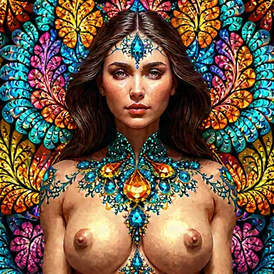 Uma mulher com um tíquete cônico nu e imagem fractal é representada em um desenho de artes. As cores brilhantes e detalhes altos fazem com que pareça que você está olhando para uma fotografia. É uma obra-prima surrealista que vai deixar você querer