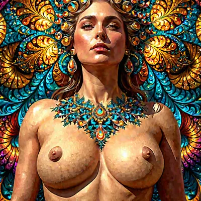 Uma mulher com mamas cônicas nuas e imagem fractal é a protagonista desta história pornô gerada pela AI. O desenho colorido brilhante da mulher com imagem altamente detalhada e cores saturadas são tão brilhantes que pode ser visto de longe. O