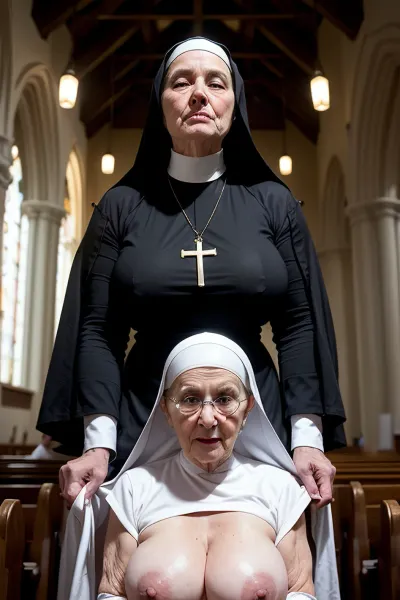 masterpiece, (Old Catholic nun), public crowds, old woman, sitting on masdive white dildo, inside church, (((80 years old woman))), 1.6, large crowd onlookers, boobs tied with thick rope, chest, 30c breasts, sagging breasts, church, high quality, hanging from chain, old breasts, on all fours, look of ecstasy on face, blindfolded, view from behind, perfect penis, vicar, saggy boobs, large congregation watching, (cum on boobs:1.3), (cum on face:1.4), (dripping cum:1.2)