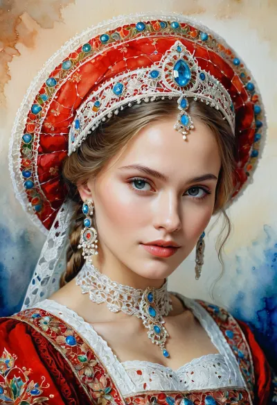 Das Porträt einer russischen Schönheit im Nationalkostüm, Spitze filigran der hellen, reichen Farbe. Super klare, hoch detaillierte Aquarell, Glasur-Technik, plus farbige Alkoholtinte