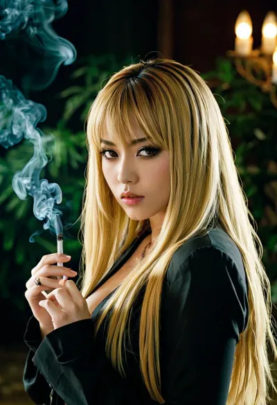 Misa Amane, a loira quente fumante da Death Note, é representada em um estilo gótico kawaii com seu cigarro de assinatura entre seus lábios. Seu olhar intenso e rosto perfeito são destacados pela iluminação suave do fundo. A imagem ex