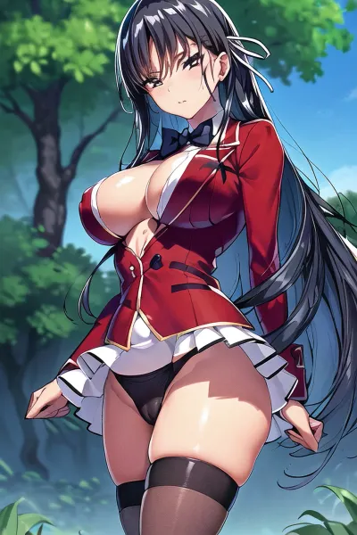lighting, perfect illumination, (best illumination), (best shadow, best shadows), highres, ultra-detailed, 8K, UHD, highest quality, masterpiece, best quality, sharp image, (highly detailed face, (ultradetailed face)), paizuri, horikita, male pov, breast grab paizuri, penis, nsfw, ((corneo_paizuri)), corneo_tifa_dress, ((black hair)), red school uniform, open shirt, <lora:corneo_paizuri:1.2>, <lora:Horikita:.9>