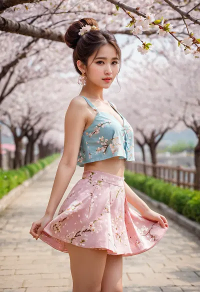 एक उज्ज्वल मुस्कान और लंबे बाल के साथ एक प्यारा चेहरा एक आउटडोर सेटिंग में कब्जा कर लिया गया था, जो चेरी खिलना पेड़ों से घिरा हुआ था और हवा में घूम रहा था। लड़की की पोशाक फूल पंखुड़ियों से बना था, और उसके गहने काउबॉय शॉट से बना था