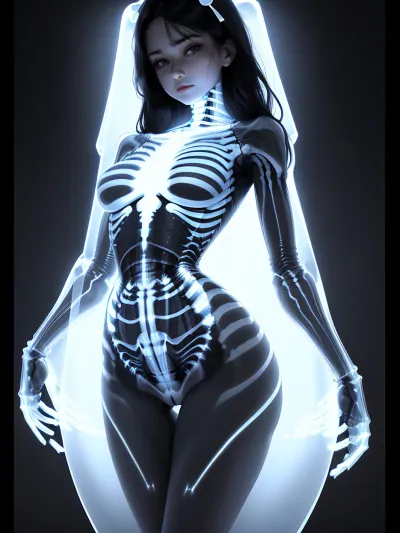 (A girl standing frontal body, beautiful face, perfect body, drak atmosphere, full body:1.2), (x-ray for womb:1.6), (Accurate human anatomy:1.3)