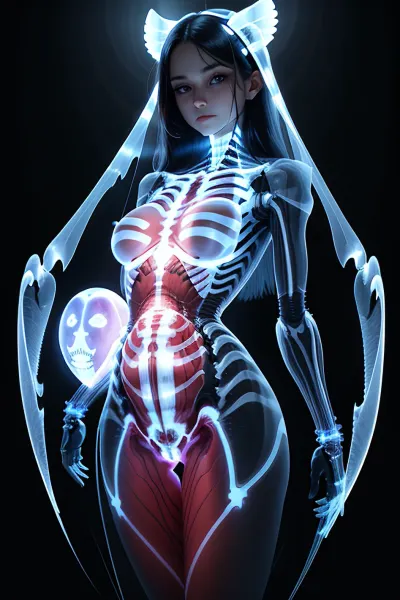 (A girl standing frontal body, beautiful face, perfect body, drak atmosphere, full body:1.2), (x-ray for womb:1.6), (Accurate human anatomy:1.3)