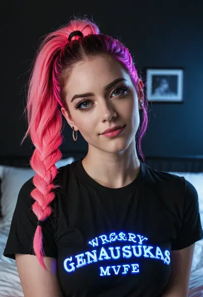 La AI generó una imagen porno de una chica con pechos grandes, pelo brillante y pestañas negras gruesas. Llevaba una sombra de ojos rosa de neón y tenía sus ojos pegados al espectador. Su camiseta negra de gran tamaño la reveló pálida