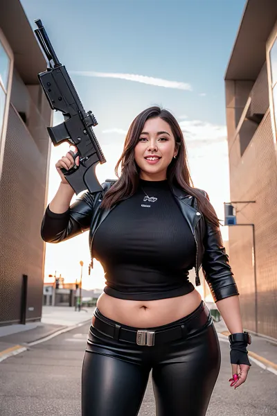 उसके हाथों में बड़ी फ्यूचरिस्टिक बंदूक के साथ एक युवा वयस्क महिला, रक्त और लापता उंगलियों में कवर, गोल-मटोल युवा वयस्क शरीर और छोटे बाल थे। उसकी मुस्कान चौड़ी और सफेद दांतों से भरी हुई थी, लेकिन उसकी आंखें अंधेरे और ठंडी थीं। वह