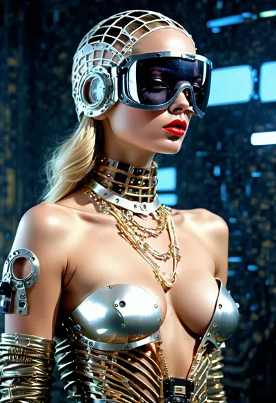 (Ful body view:1.5), missionary position, perfect pussy, A visionary naked model leads the virtual vanguard, (her glitched sophistication and cyber-chic allure setting new standards for post-apocalyptic elegance:1.8), ., eyewear, by Catherine Rayner and Carolina Santo Domingo, <lora:Next_Fashion:1>, weird, future, fashion, headdress, plastic, veil, mask, helmet, <lora:weird future fashion_v5_xl:.5>, <lora:FF-TentacleFFashion4:.3>, <lora:Innovative_Makeup:.2>, <lora:Afrofuturist_Fashion:.5>