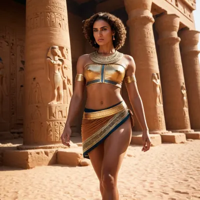 woman, cute tall, best quality, ultra-detailed, masterpiece, finely detail, highres, egypt clothes, street, full body, muscular, <lora:bralessSDXL_v1_00022:1>