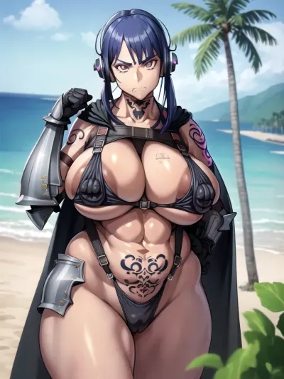 一个女人走向水边 她的皮肤在阳光下闪烁 她穿着比基尼,展示她的曲线,突出她的柔软乳房. 她的阴毛整齐地修剪, 她穿一对高