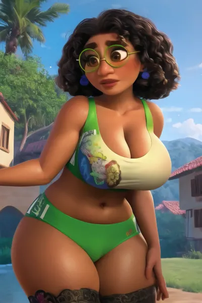 masterpiece, woman, Mirabel, brown eyes, brown hair, earrings, green round glasses, (skinny:1.1), Thick thighs, (Sports bra), Fishnet Thigh high, cleavage, Huge butt, standing, fullbody, outdoors, houses, (insanely detailed, beautiful detailed face, masterpiece), cinematic lighting, <lora:Mirabel-10ENC:.5>, mirabel, madrigal, glasses, <lora:MirabelMadrigal_v1:.5>, MirabelST, <lora:MirabelMadrigal-stasis:.5>