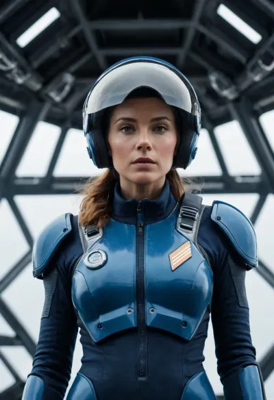 woman, armed female figure in a blue sci-fi spacesuit, (tight jumpsuit), on a spaceport, in front of flying sci-fi platforms, overcast, mask, sci-fi visor, sci-fi lens, sci-fi respirator, bald head, plate armor, isolated armor, third-person view from below, lots of fine detail, sci-fi movie style, photography, natural textures, natural light, natural blur, photorealism, cinematic rendering, ray tracing, highest quality, highest detail, Cinematic, Blur Effect, Long Exposure, 8K, Ultra-HD, Natural Lighting, Moody Lighting, Cinematic Lighting