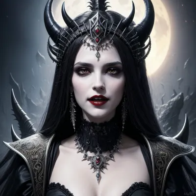 La Vampire Queen, peinte par Luis Royo, Wayne Barlowe, Pierre Pellegrini et Just Art for Dark Metal Music, est grande et fière d'une bouche aux dents vives ouverte. Elle tient une ti blanche