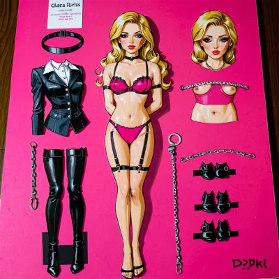 La IA generó una imagen de texto era de una mujer rubia con un traje de dominatrix y accesorios, acompañado por un texto que decía "Doll de papel estilo caricón de un modelo bdsm, mujer rubia con un traje de dominatrix