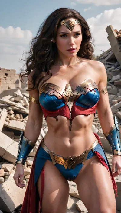 Die KI erzeugte ein Meisterwerk einer Frau in der Mitte einer zerstörten Stadt mit ihrer Kleidung abgerissen und in einem Haufen Schutt. Ihre Haut ist schmutzig und mit Narben bedeckt, aber sie hat einen Ausdruck des Wunders auf ihrem Gesicht als sie