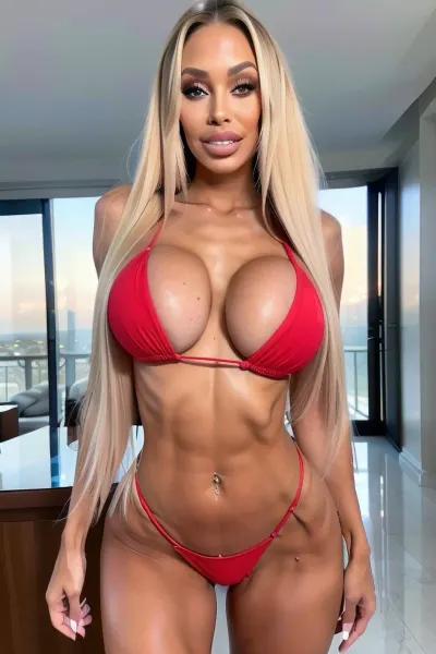Ein atemberaubendes AI-generiertes Bild von einer schlanken und sexy jungen erwachsenen Frau mit langen blonden Haaren, vollen Hüften, hoher Detail Hauttextur, breiten Augen mit langen Wimpern und perfekter Haut. Sie hatte breite Augen mit voller Frontansicht auf den Körper. Das Bild