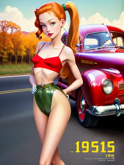 woman, (fully nude, completely naked), (miniature sexy loli, (childlike:1.4), (younger innocent face:1.5), (lolicon:1.6), (((large green wide-open eyes))), (((ginger long ponytail))), (stunning beautiful), kissable pink lips, pale skin, extremely skinny body, low-grown, very thin, gaunt, (really flat-chested:1.7), erected nipples, thin waist, slender hips, slender long legs, perfect knees), red shoes, very attractive hitchhiker standing by the road, legs spread wide, hands by head, realistic anatomy, realistic pose, front view, (1950s/1960s vintage color photograph:1.7), taken with Kodak, 35mm film, 16mm lens, grainy, real, (best quality, ultra-detailed, fine detail, highres, 8k wallpaper:.5), pinup poster