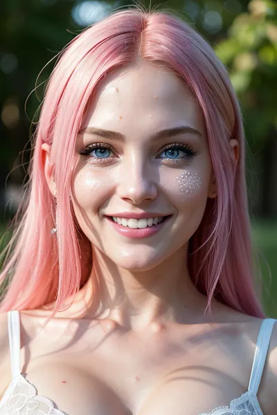 プロのフォトグラファーは、明るい青い目、大きな胸、そしてピンクの髪で軽い肌の女性の写真を撮りました。 写真は、あらゆる方法で超細部で完璧でした