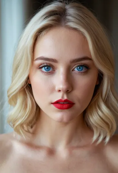 Une fille de 20 ans aux yeux bleus, cheveux blonds, maquillage lumineux, lèvres rouges et menton rond est représentée dans une image porno générée par l'IA