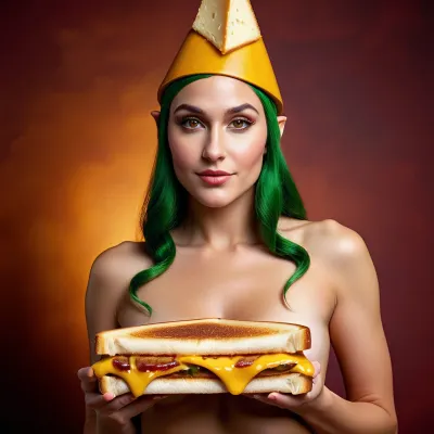 Uma mulher de elfo nua com um sanduíche de queijo grelhado para um chapéu sentou-se no balcão da cozinha, olhando para a câmera. Ela tinha acabado de fazer um delicioso sanduíche de queijo grelhado e estava agora pronto para comê-lo. Quando ela pegou sua primeira mordida, ela poderia