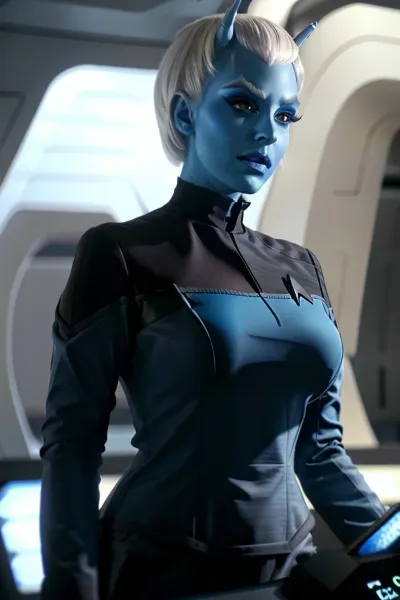 (1girl), slutty Andorian bimbo, bimbo, bimbo lips, blue skin, massive tits, white hair, heavy makeup, alien, extraterrestrial girl, alien girl, hyper detailed, hyper realistic, stunningly beautiful woman, nude, high-contrast shading, 8k, uhd, insanely detailed, masterpiece, <lora:BimboMakeup_v1:.5>, <lora:epi_noiseoffset2:.5>, Starfleet uniform, Star Trek uniform, star Trek, ST_B_Enterprise, <lora:ST_B_Enterprise:.5>, sttldunf, uniform, <lora:STTLDV1:.5>, andorian, blue, skin, antennae, white, hair, fluffy, eyebrows, <lora:andorian_lora:.5>