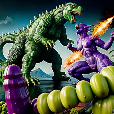 Une femme combat Godzilla avec une courgette pourpre, qu'elle manie comme une arme