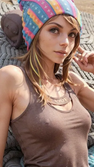 Una donna, di 18 anni, con una figura sottile e un ritratto sorridente sullo schermo del computer. La sua texture cutanea è di alta qualità e dettagliata, con illuminazione di alta qualità che mette in evidenza le sue curve. Il testo che accompagna l'immagine la descrive come "insanella