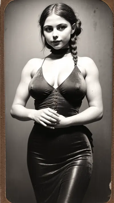 (vintage 18th century photograph:1.6), tin typewriter, dry plate, grainy, real, 18 year old fit beautiful ussr woman, ((plump lips)), ((small, tiny:.8)), (((young girl:1.8))), (muscular body:1.6), (((in clothed big breast:1.6))), ((thick hips:1.5)), ((slim waist:1.7)), 19th century, (((tight velvet dress))), black hair, long braided braids, leoncio, tight braids, parted in the middle and hanging in front of her shoulders, velvet dress from the times of the USSR, (text_AnalogFilm768-BW-Tintype), velvet, big breast, dense muscular body, muscular