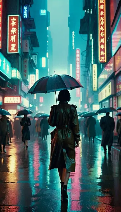In a futuristic Blade Runner setting, a woman in neon lights searches for something unknown while holding a small device in her hand. The sound of raindrops hitting the pavement echoes through the empty streets as she moves forward, searching for something unknown