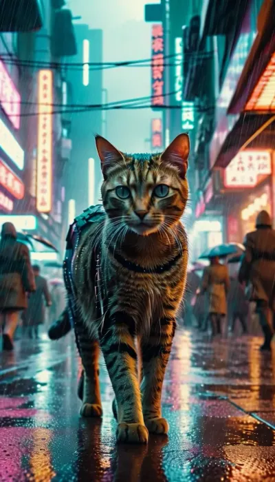The robotic cat prowled the streets of Blade Runner's Neo Tokyo, equipped with advanced AI technology. Its prey - a small group of humans huddled together in a crowded street - were quickly attacked by the robotic cat. The woman out of